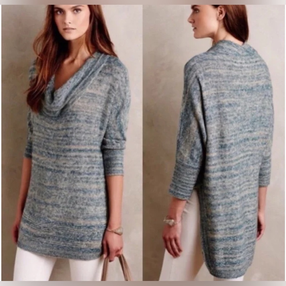 Anthropologie Field Flower Pullover Sweater Spacedye Cowl Neck Blue Green Large